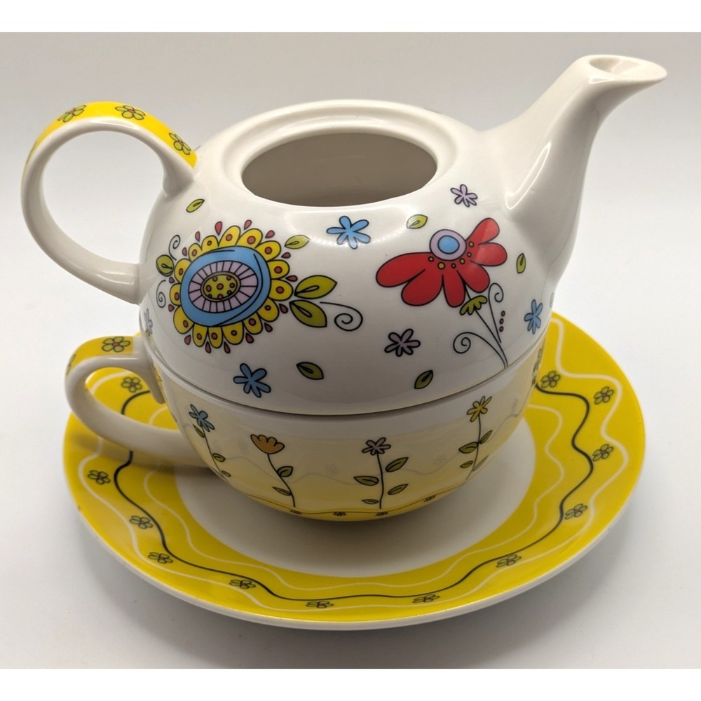 BURTON & Burton Whirly Swirly Teapot Cup Saucer Yellow Floral 3pc NO LID!